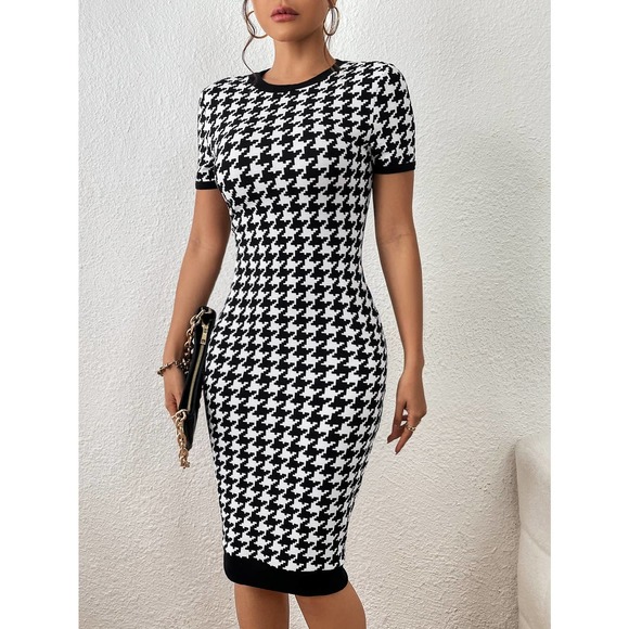 Plazacore Houndstooth Print Contrast Binding Bodycon midi Dress - Picture 4 of 5